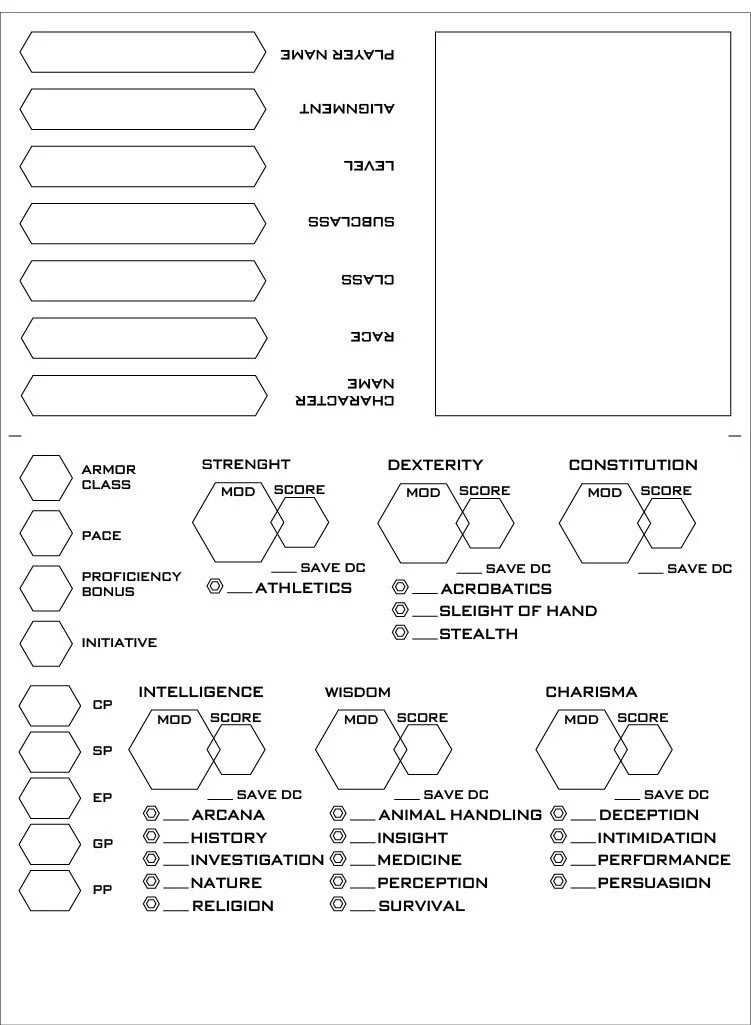 A stat tracker layout for a role-playing game, with sections for character details, attributes, and skills, including strength, dexterity, constitution, intelligence, wisdom, charisma, and special abilities.