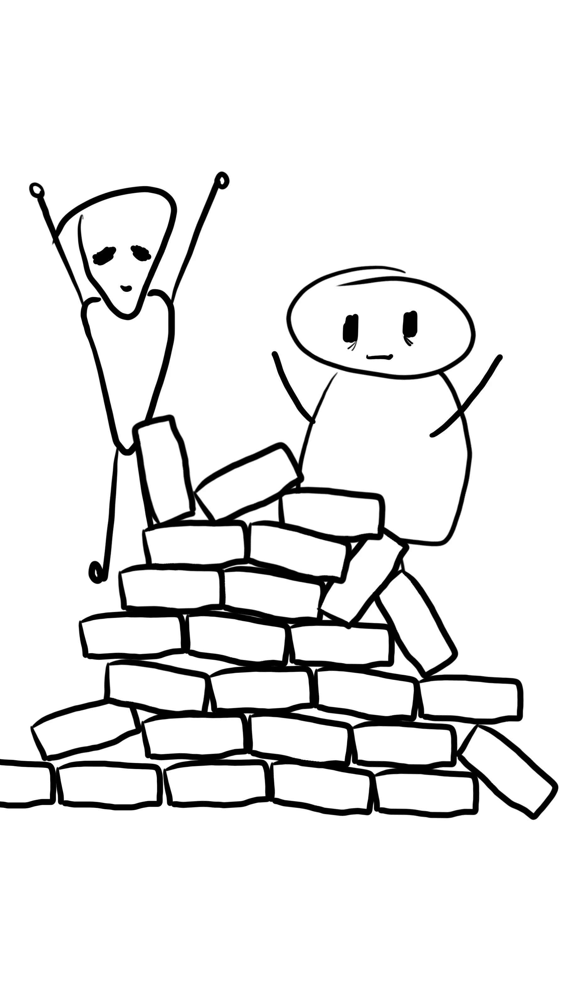 Two stick figures, one happy with arms raised and one engaged, standing behind the pile of tray packages.
