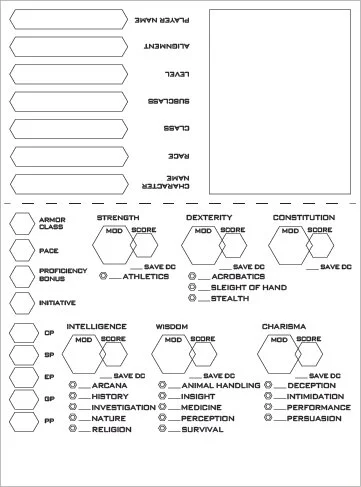 A character sheet for a role-playing game with sections to record character attributes like alignment, level, class, race, age, and skills. It includes areas for armor class, proficiency bonus, initiative, and various stats such as strength, dexterity, constitution, intelligence, wisdom, and charisma, each with ability scores, modifiers, and saving throws. Additional sections list character traits, skills, and background information.