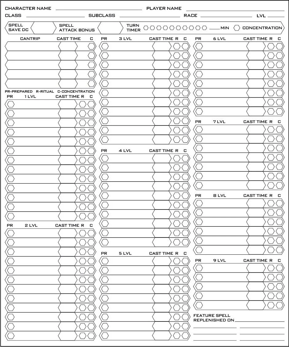 A detailed game character sheet with sections for character name, class, subclass, race, level, and player name at the top. It includes various detailed columns and rows for spells, cantrips, cast times, PR, levels, and concentration, with multiple columns for different spell levels. The sheet also has designated spaces for feature spell replenishment and additional notes at the bottom.