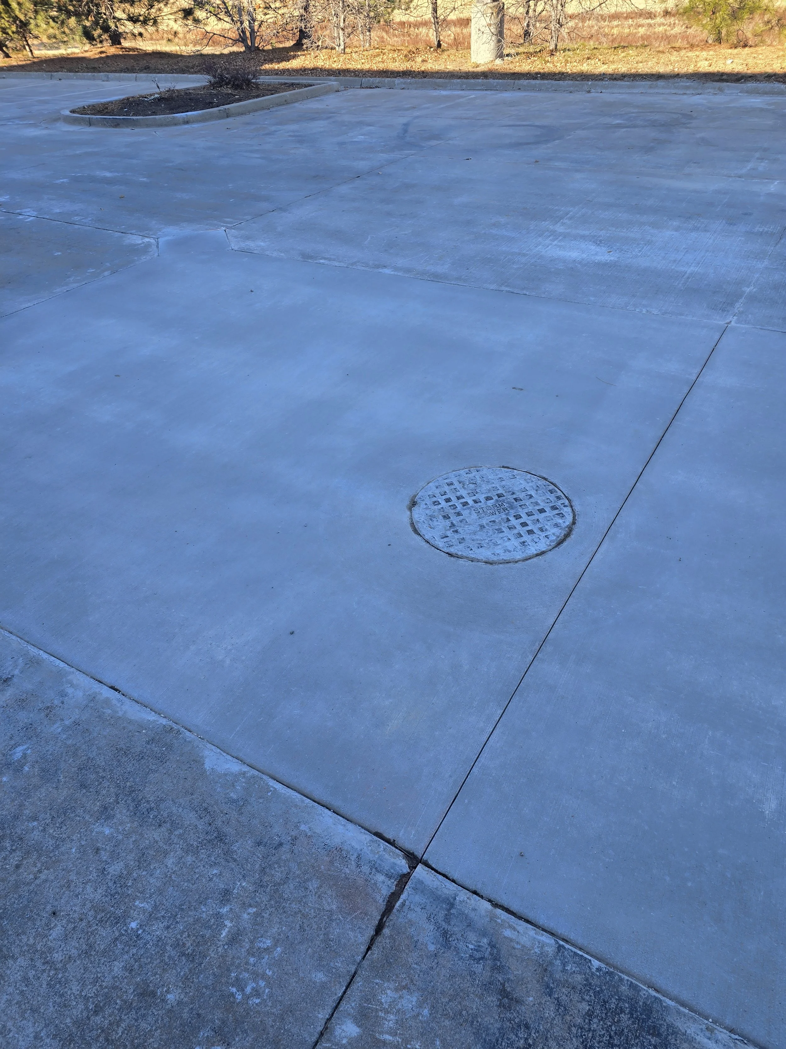 Empty concrete sidewalk with a manhole cover and a small garden bed in the background.