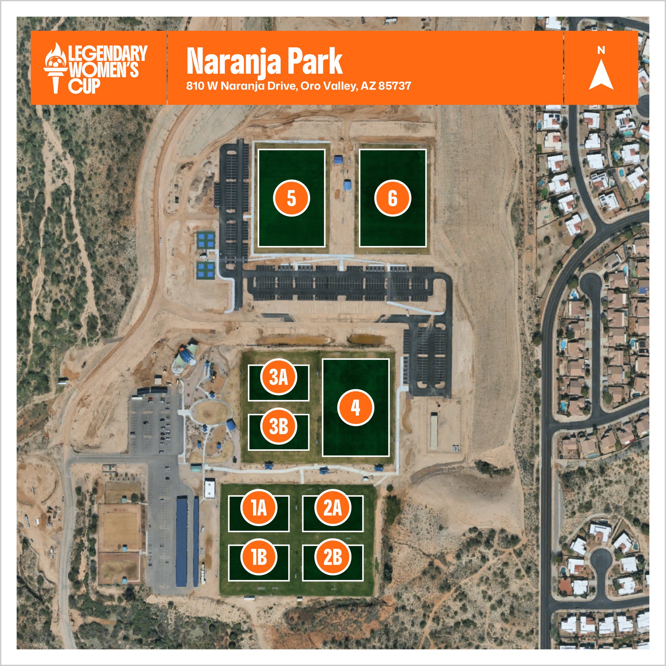 A map of Naranja Park, located at 810 W Naranja Drive in Oro Valley, Arizona, showing various sports fields, parking lots, and surrounding residential areas. The map features labeled fields numbered 1A, 1B, 2A, 2B, 3A, 3B, 4, 5, and 6.