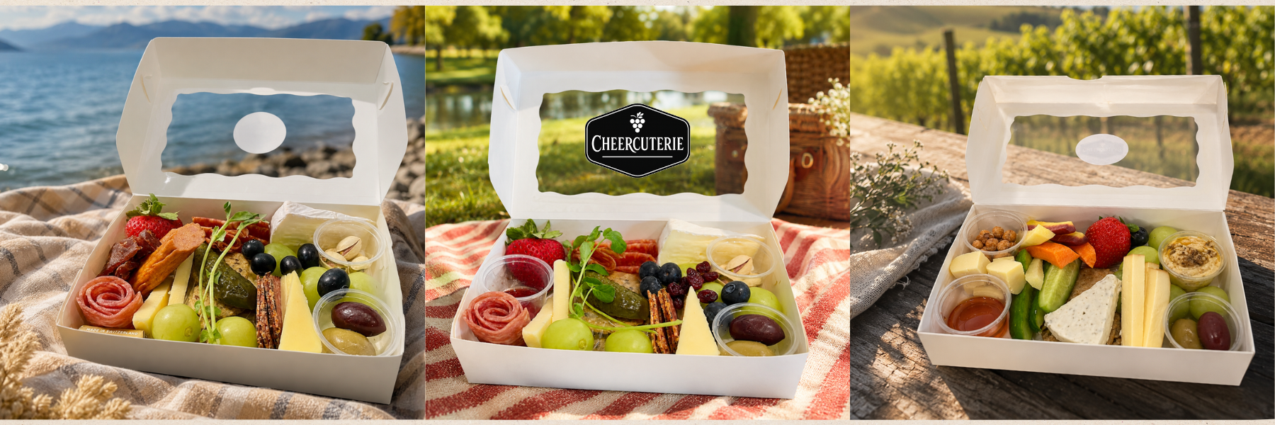 Individual charcuterie boxes with artisan cheeses, meats and fresh produce by Cheercuterie Kelowna