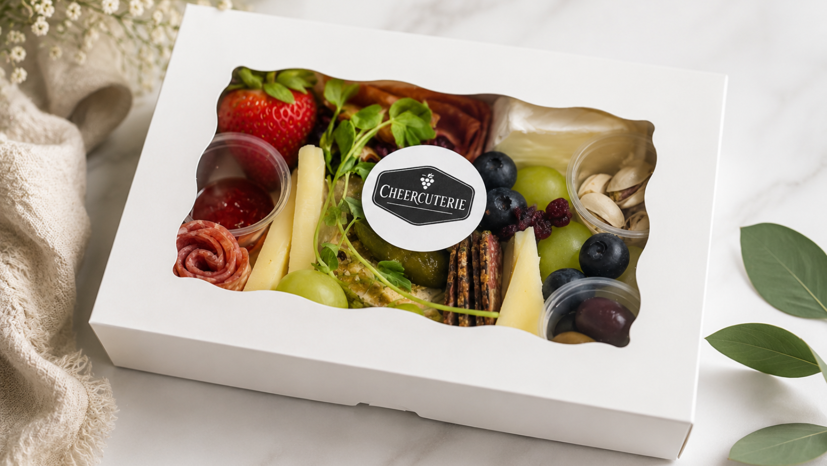 Gourmet charcuterie box with artisan cheeses, meats and fresh produce by Cheercuterie Kelowna