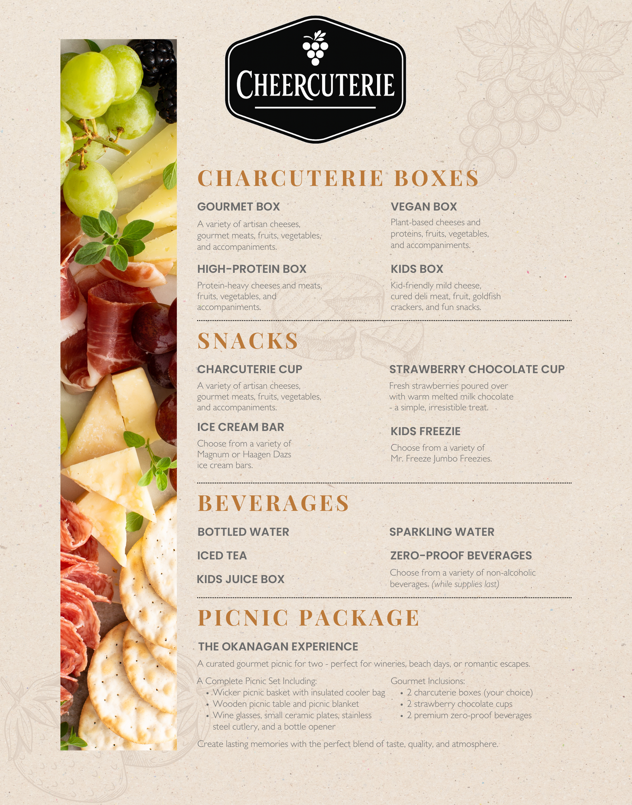 Menu for Cheercuterie with sections for charcuterie boxes, snacks, beverages, and picnic packages, featuring cheese, meats, fruit, and drinks.