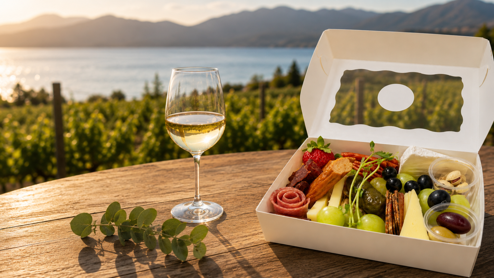 Charcuterie box and wine glass at winery overlooking the Okanagan Valley