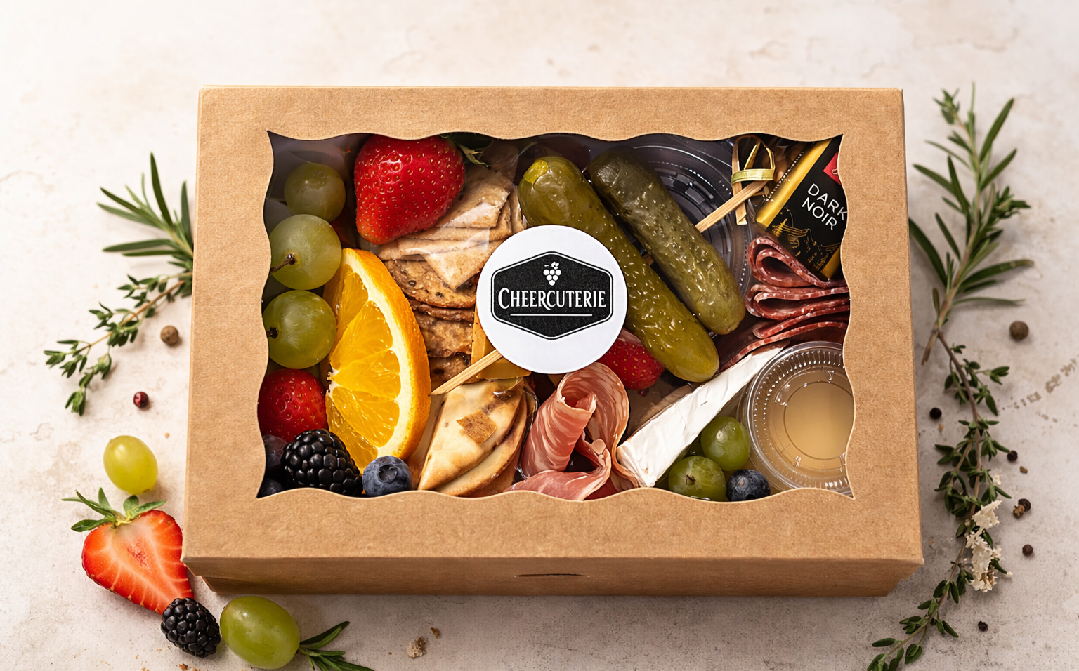 Gourmet charcuterie box with artisan cheeses, meats and fresh produce by Cheercuterie Kelowna