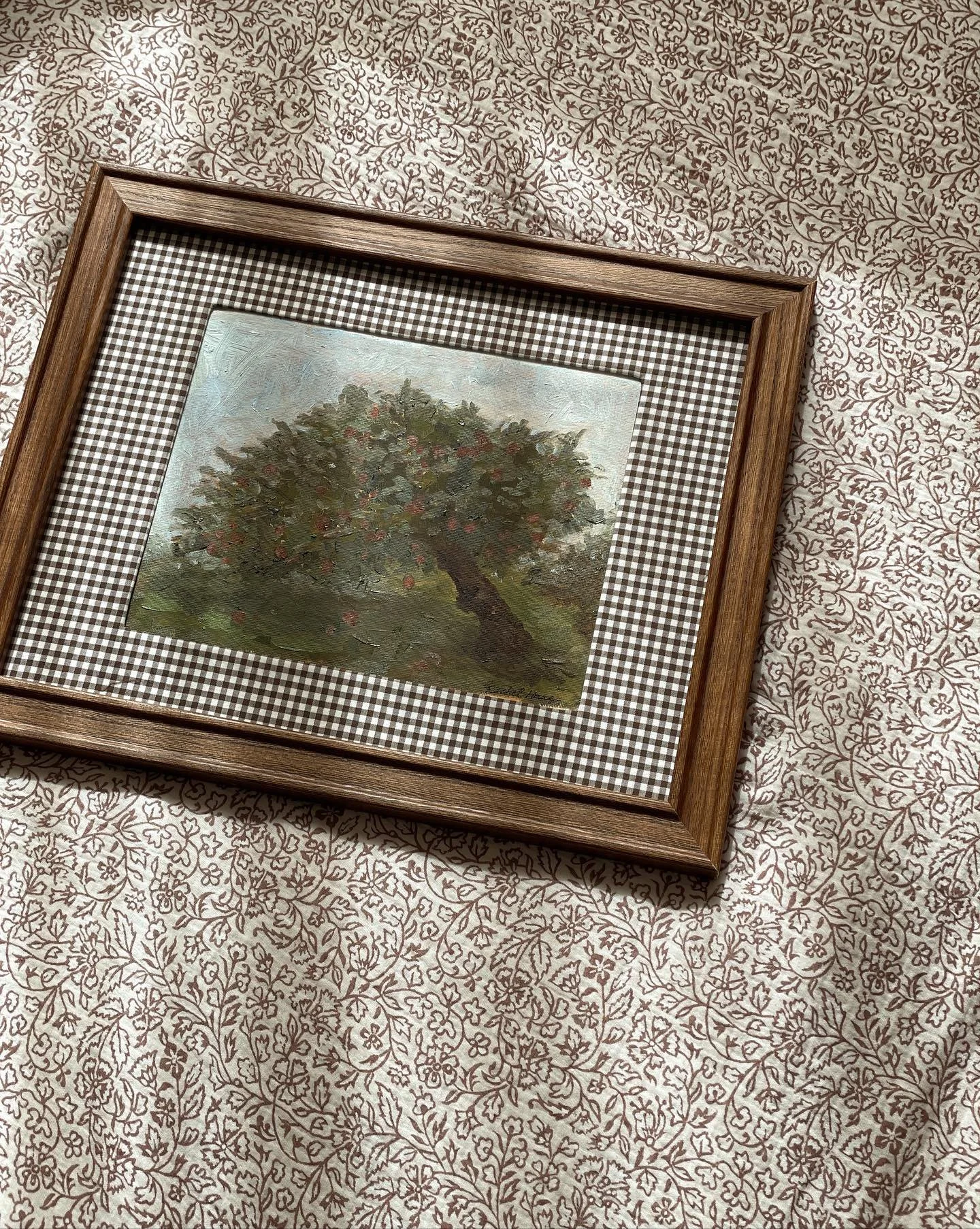 • by no means am I wishing away summer, but I am absolutely smitten with this apple tree and gingham combo for the fall! π
“in the orchard” framed original oil painting available- as well as framed and unframed prints. message me