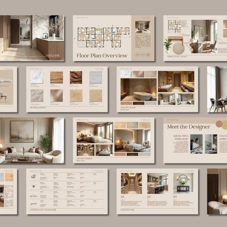 Interior design presentation boards displaying floor plans, material samples, concept boards for bathrooms and bedrooms, designer profiles, and lighting plans.