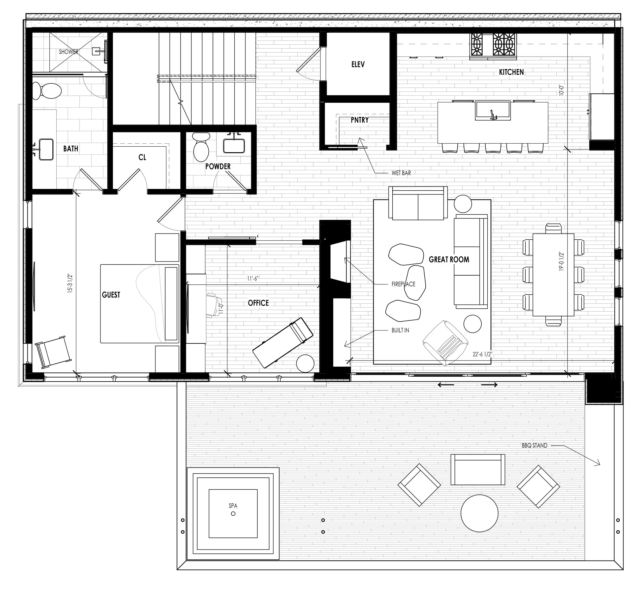 Floor plan of a house showing various rooms including a guest bedroom, office, great room with fireplace, kitchen with island, bathroom, shower, powder room, pantry, elevator, outdoor deck with a hot tub, seating area, and a BBQ stand.