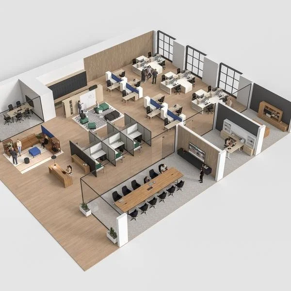 An office layout with separate areas including individual workstations, meeting rooms, a lounge, private offices, and collaborative spaces.