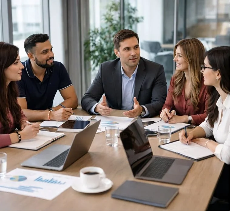 A diverse group of six professionals sitting around a conference table during a business meeting, engaged in discussion.