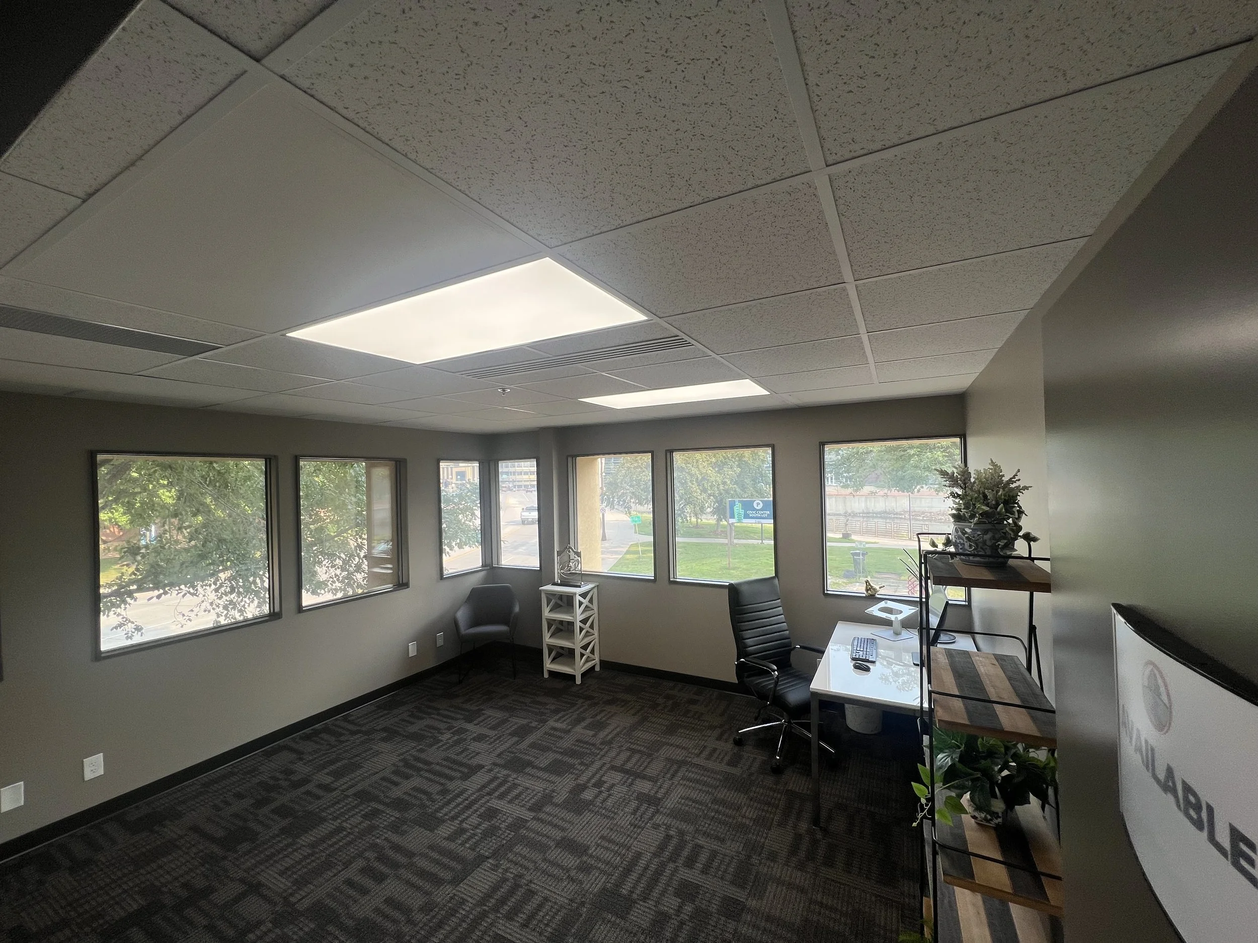 Empty office with four windows, a desk with a computer monitor, a black office chair, a small white shelf, and a metal shelf with potted plants.