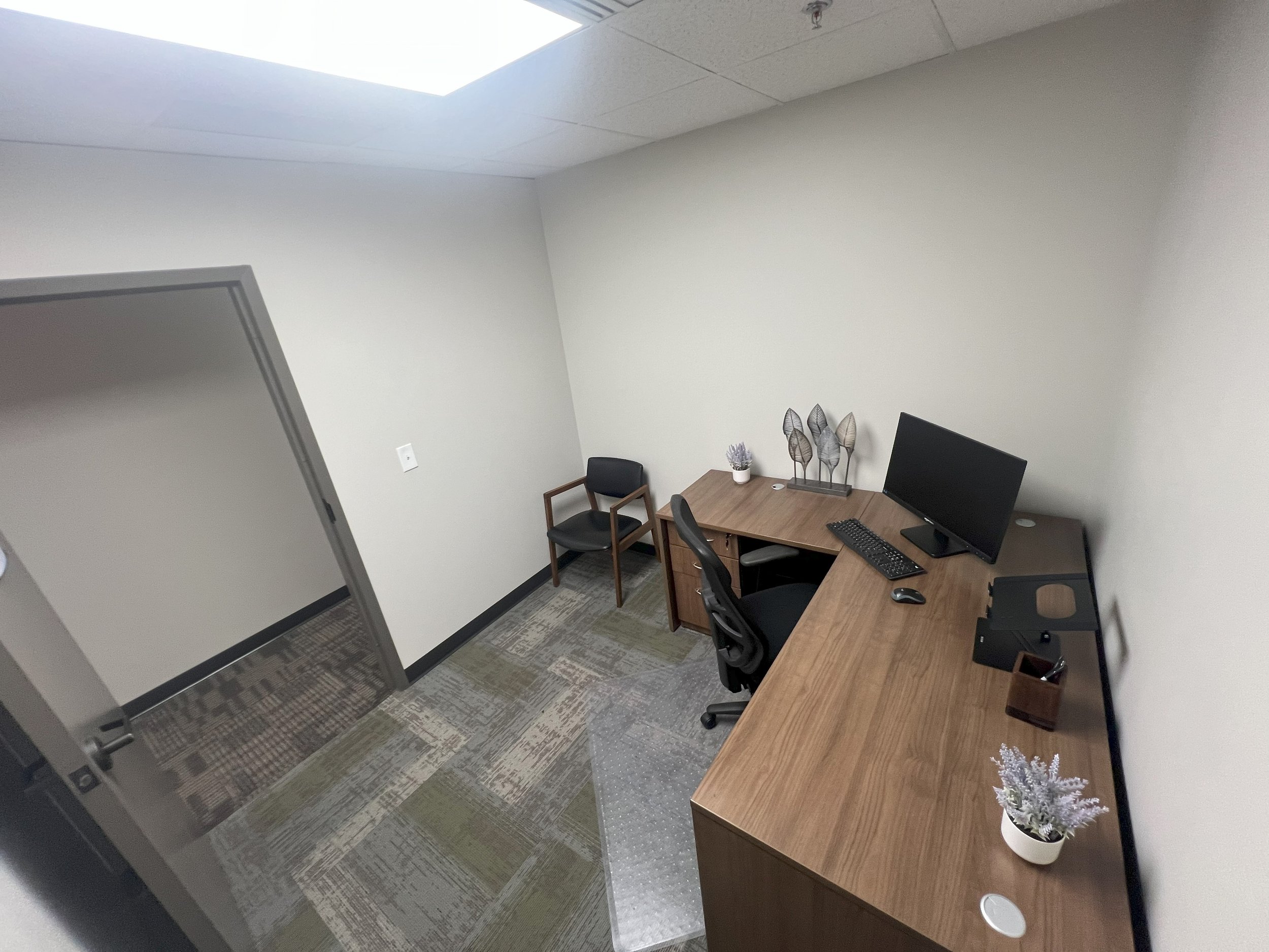 An empty office with a desk, a desktop computer, a chair, a smaller table with a flower pot and decorative plants, and an additional chair. The office has a ceiling with a skylight, beige walls, and patterned carpet flooring.