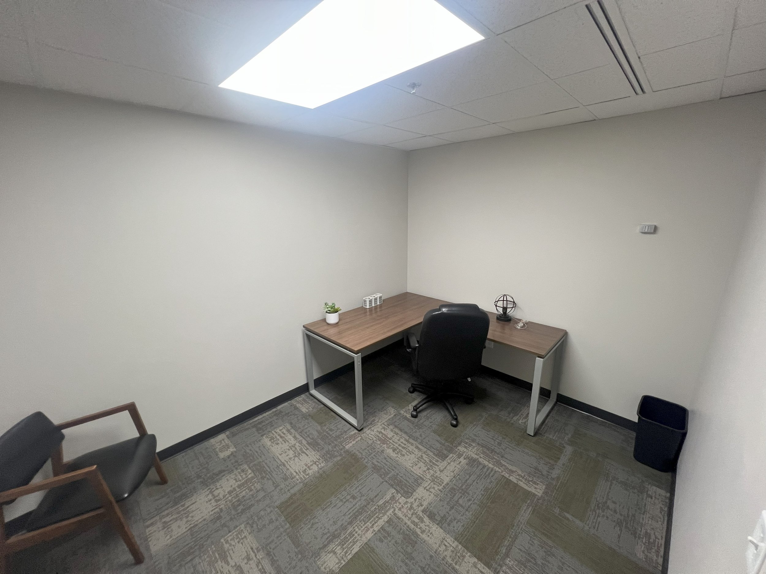 Empty office with a brown desk, black office chair, a potted plant, small decorative globe, and a chair with wooden arms in a corner; plain white walls, gray patterned carpet, ceiling with fluorescent lights.
