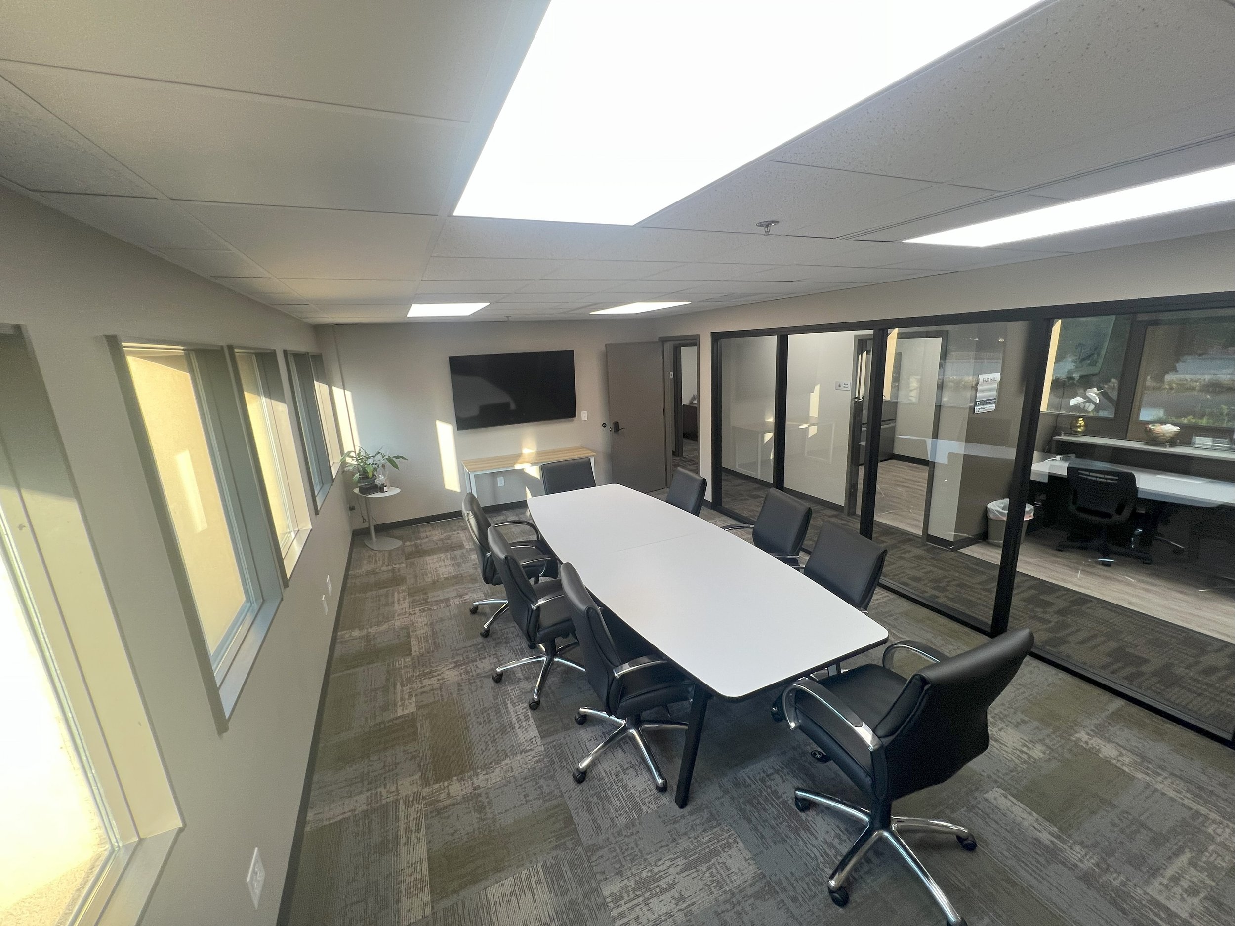 Empty conference room with a white rectangular table surrounded by black office chairs, multiple windows on the left wall, frosted glass walls on the right, a TV on the back wall, and a small table with a potted plant near the windows.