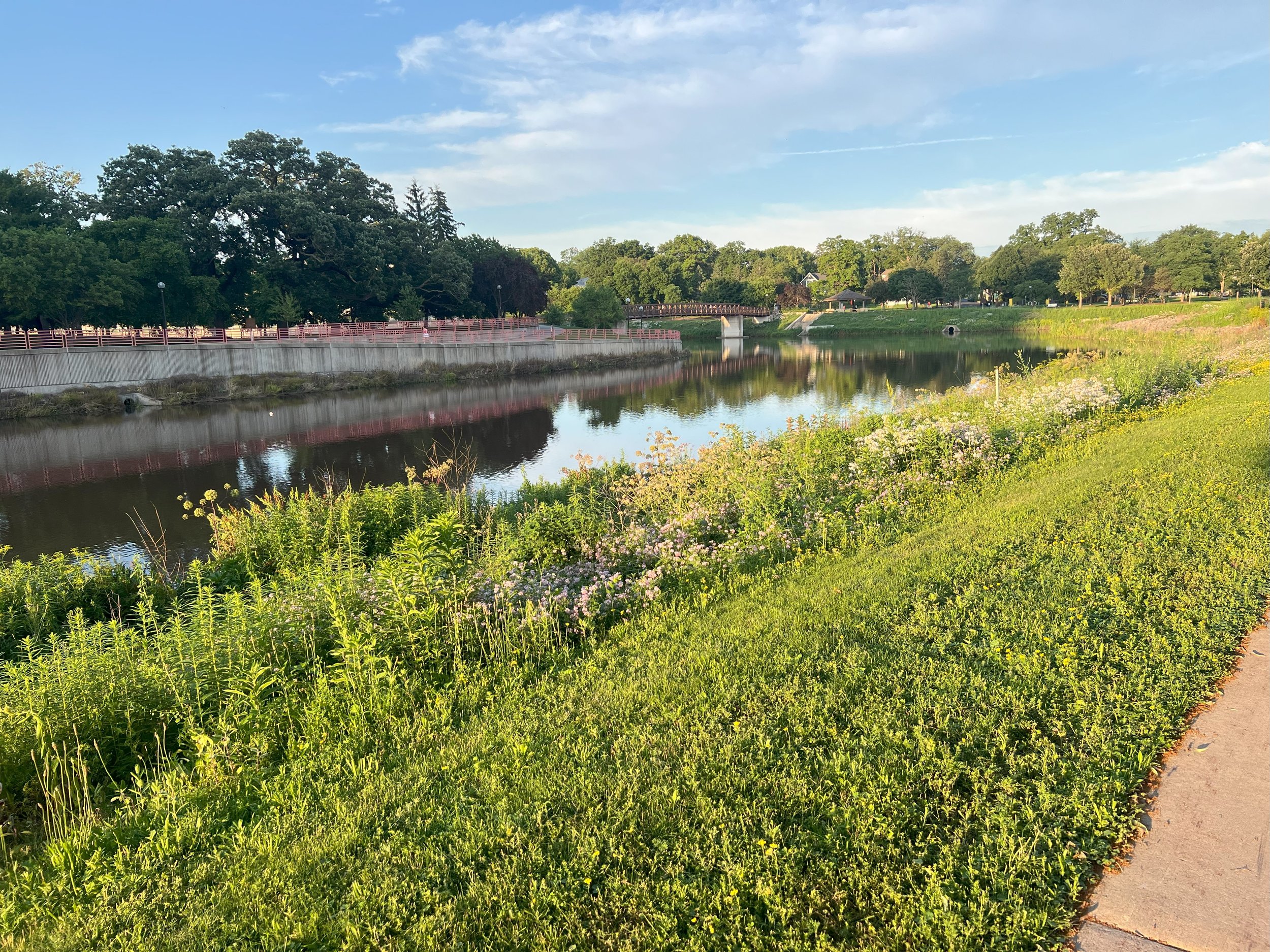 A calm river with trees and greenery on both sides, a walking path on the right, and a clear blue sky with some clouds, during early morning or late afternoon.