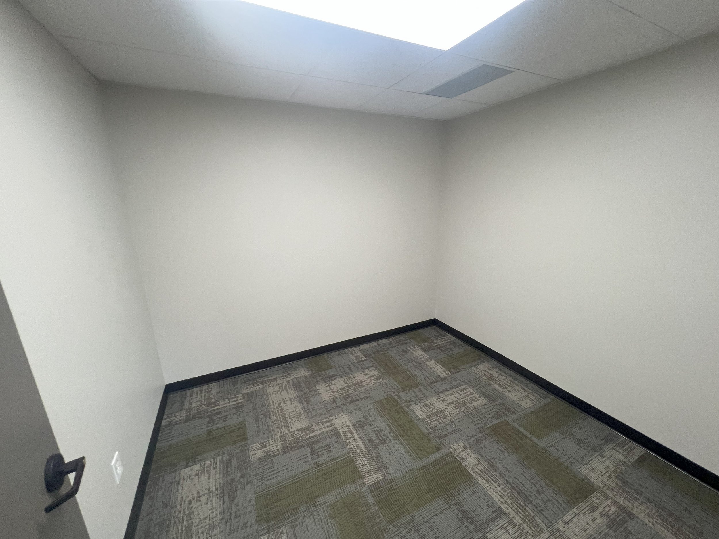 Empty small office room with white walls, a ceiling with fluorescent lights, and patterned carpet floors.