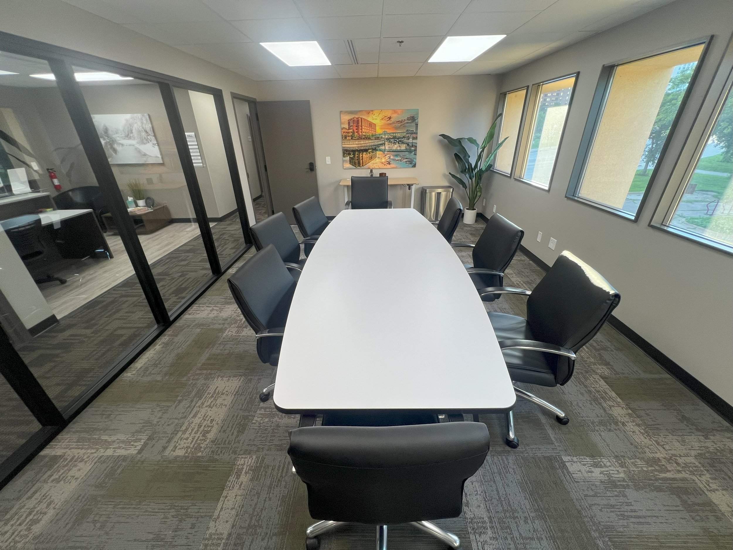 Empty modern conference room with white table, black chairs, large windows, and a potted plant.