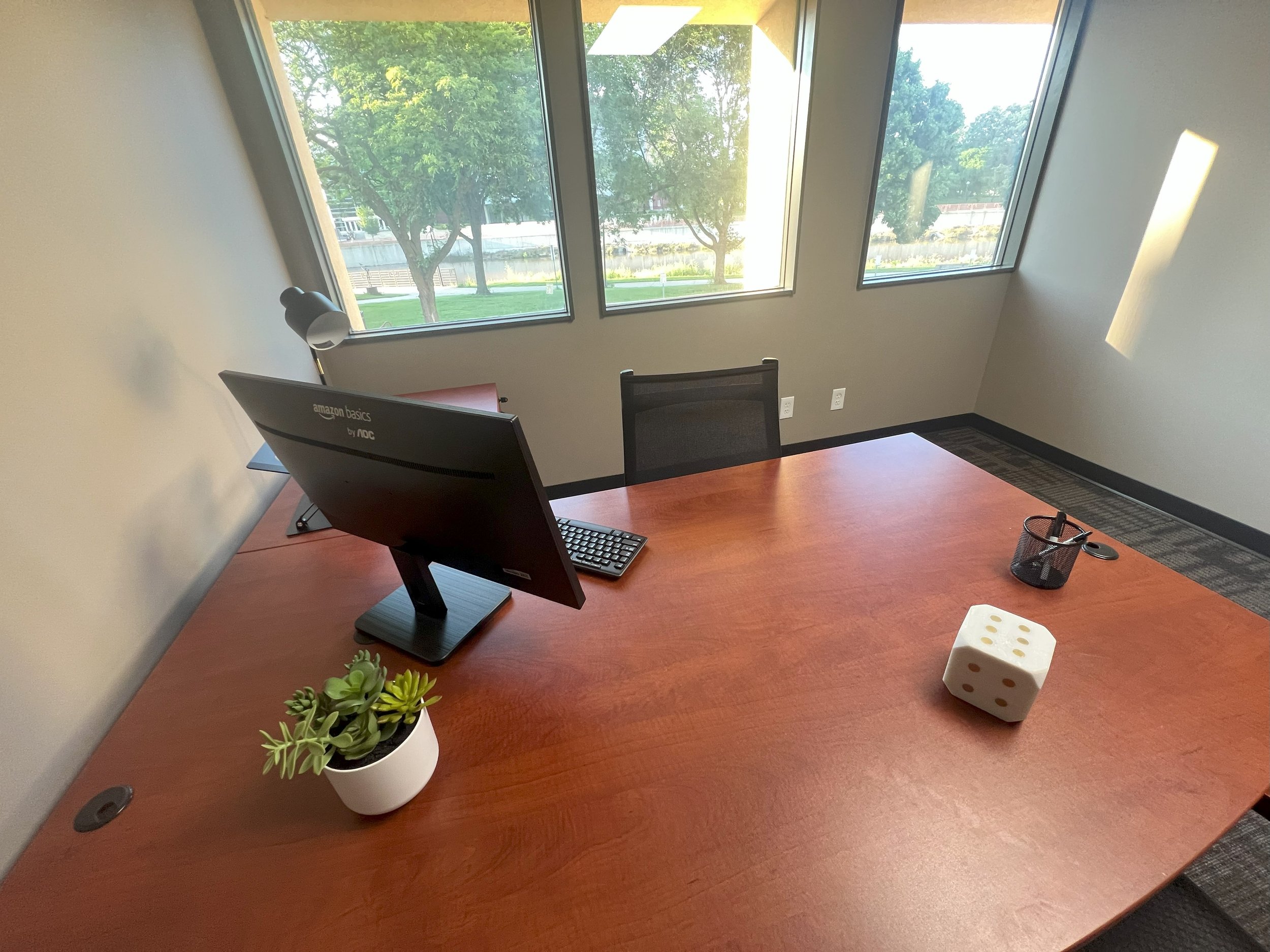 Empty office desk with a computer monitor, a small potted succulent plant, a large foam die, a black mesh pen holder, and a pair of glasses inside it. The desk is near large windows showing a view of trees and a building outside.