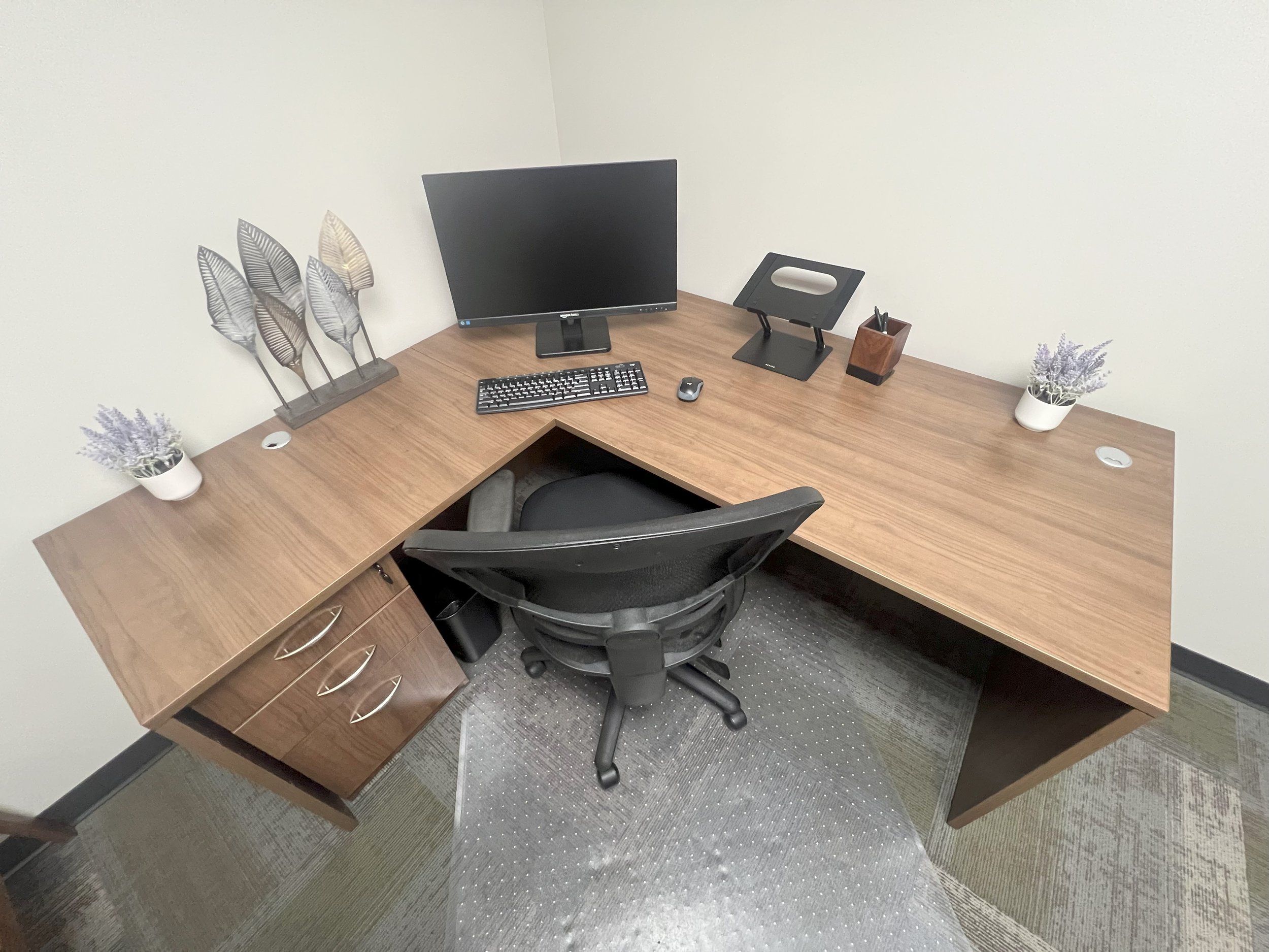 A tidy office desk with a monitor, keyboard, mouse, decorative plants, a file holder, and a pen holder, with a black office chair.