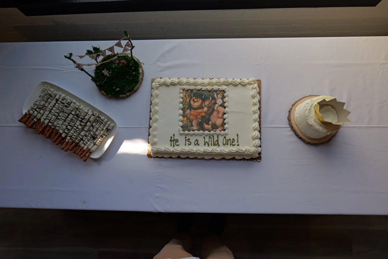 A rectangular birthday cake with white icing and colorful image on top, decorated with a border of piped icing, and the inscription 'He is a Wild One!' in green. To the left, a platter of pretzel sticks with white drizzle. To the right, a round layer