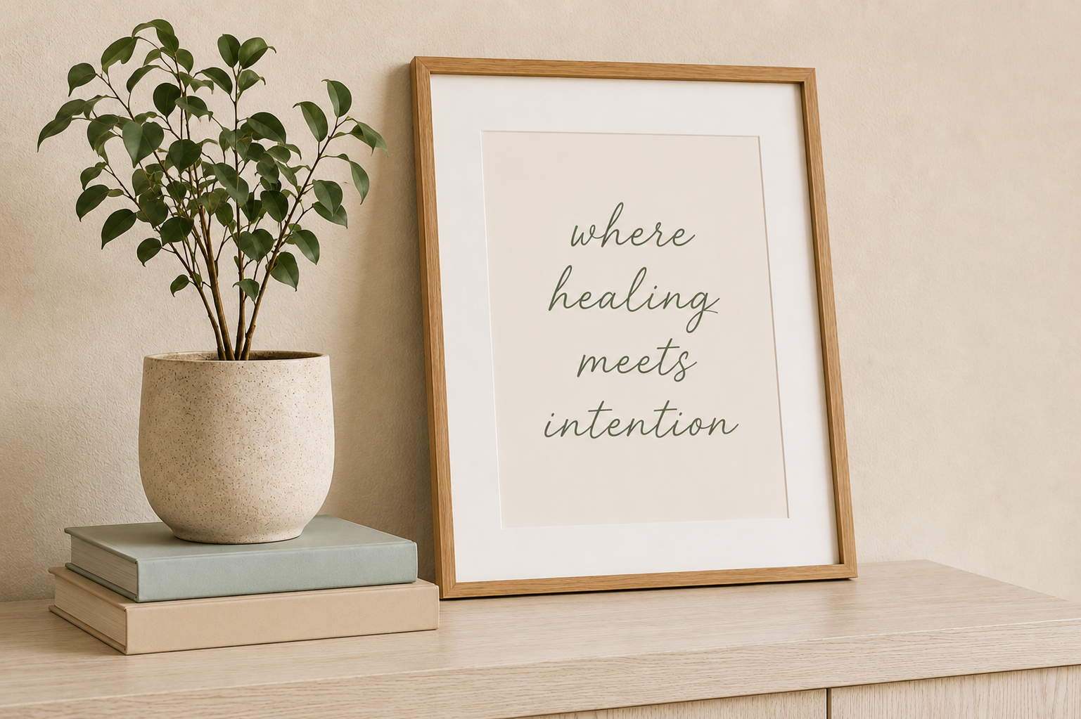 A potted plant on a stack of books, next to a framed quote that reads "where healing meets intention" on a light-colored wooden surface.
