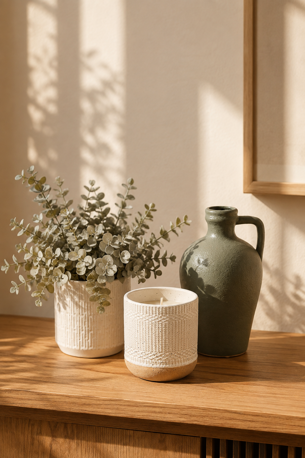 A decorative arrangement on a wooden surface with a vase of greenery, a textured white candle, and a dark green ceramic pitcher, with sunlight creating shadows.