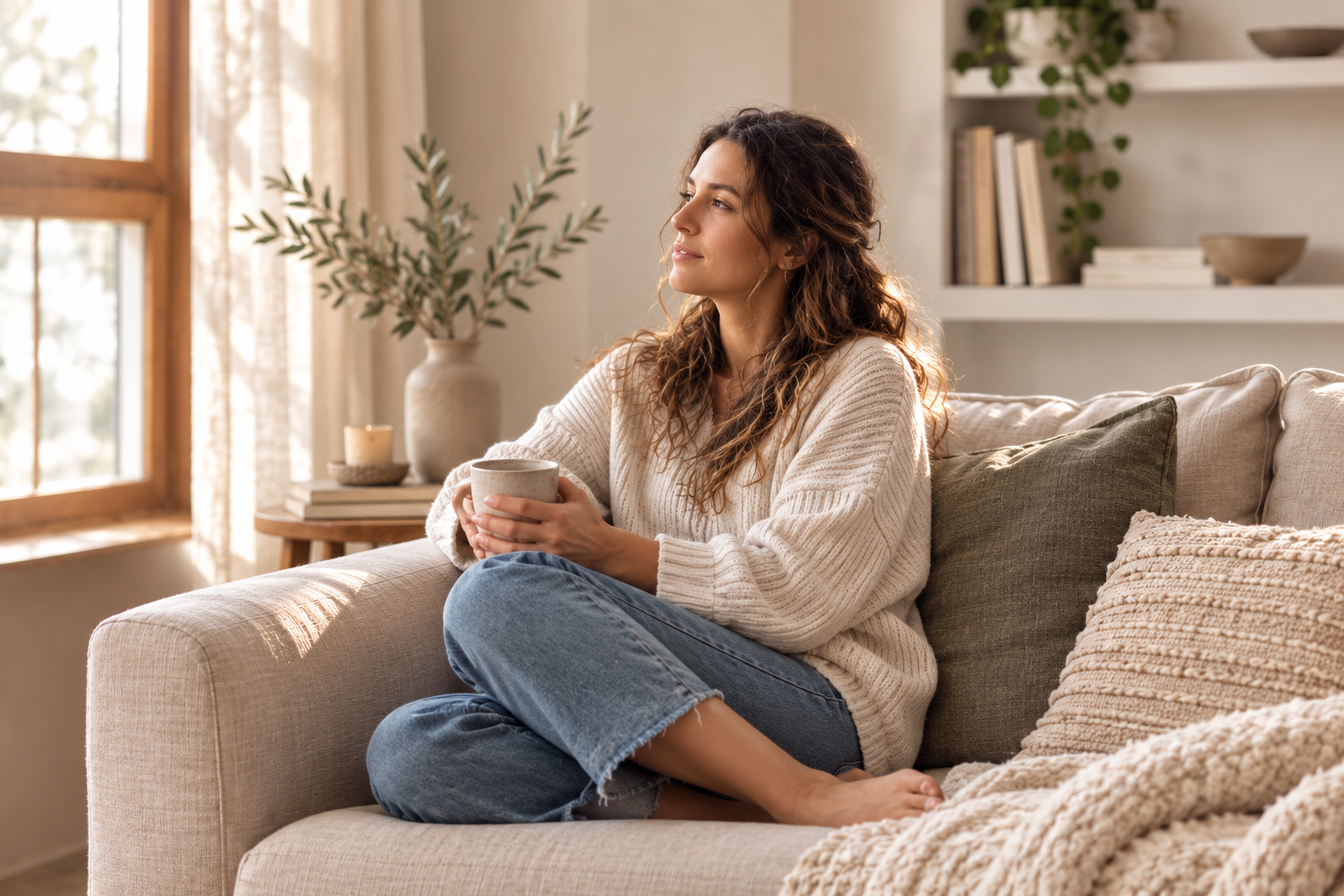 A woman with curly hair sitting comfortably on a beige sofa, holding a mug, gazing out the window in a cozy living room.