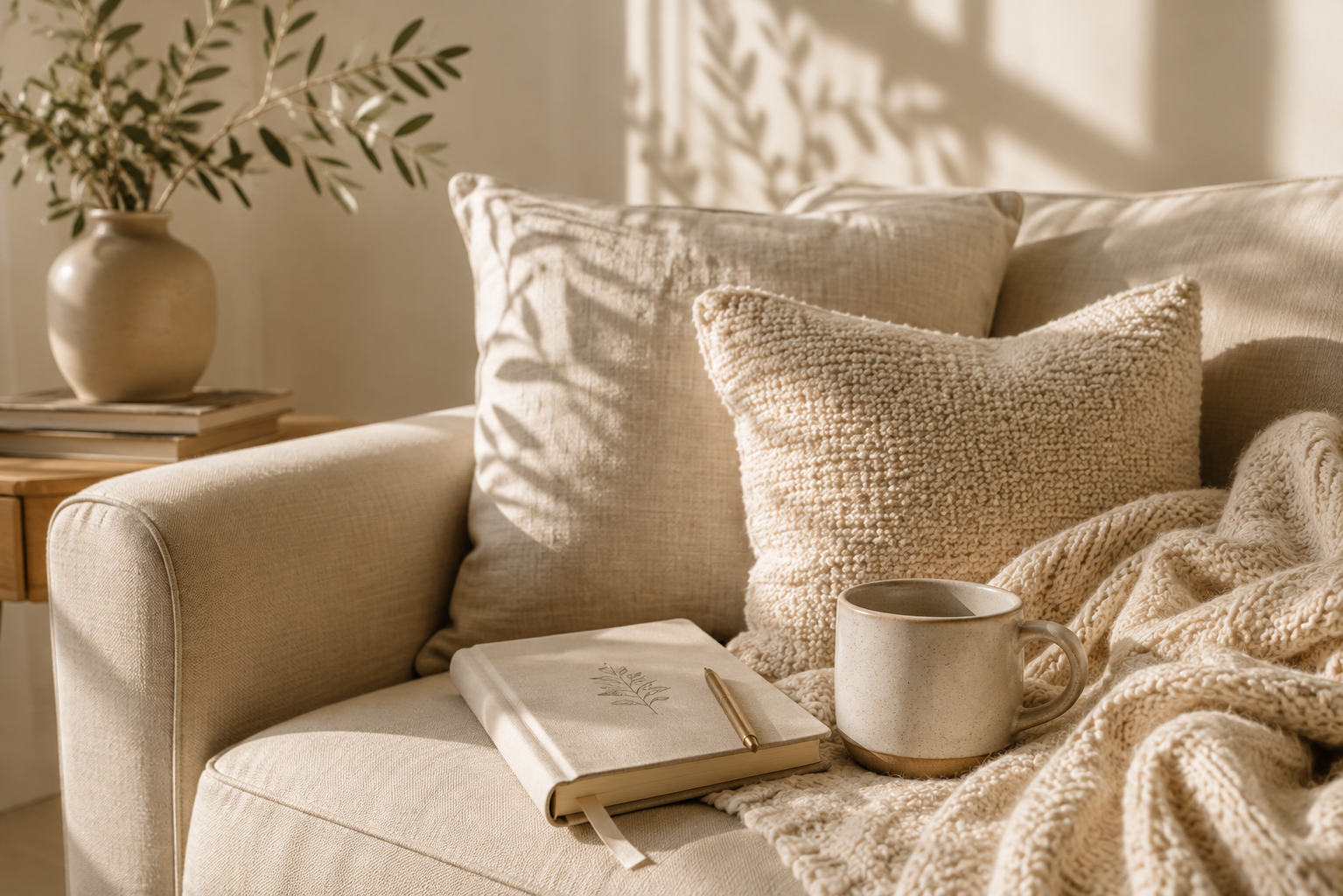 A beige sofa with textured pillows, a cozy blanket, a mug, and a closed notebook with a pen on top, next to a side table with a vase of greenery and books, in a sunlit room.