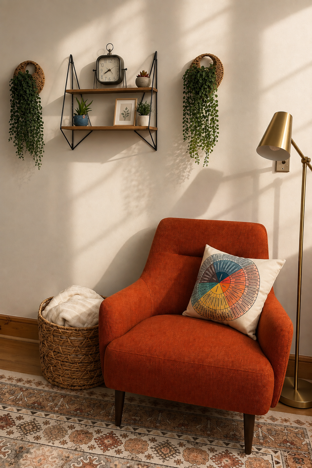 A cozy living room corner with an orange armchair, decorated with a colorful pie chart pillow. To the left of the chair is a woven basket with a blanket. A gold-floor lamp is positioned to the right. On the wall, a wall shelf displays plants, framed artwork, and a decorative clock, with two hanging plants on either side.