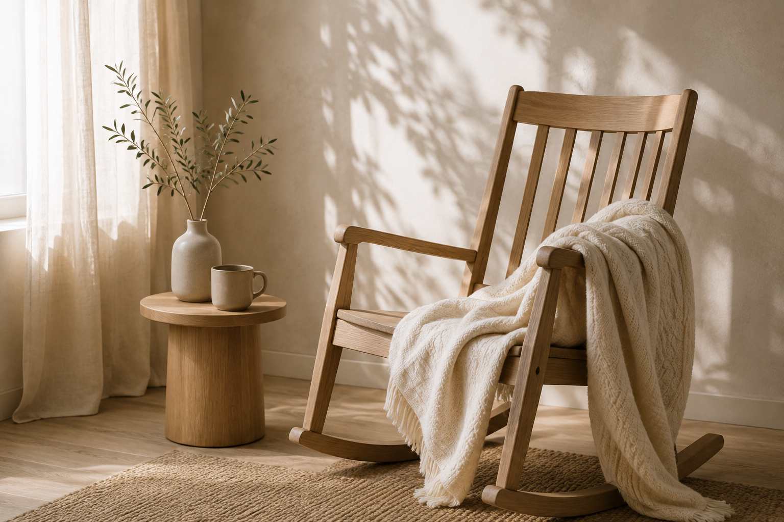 A cozy corner with a wooden rocking chair draped with a cream-colored blanket, a small round wooden side table holding a vase with greenery and a mug, warm sunlight casting shadows through sheer curtains.