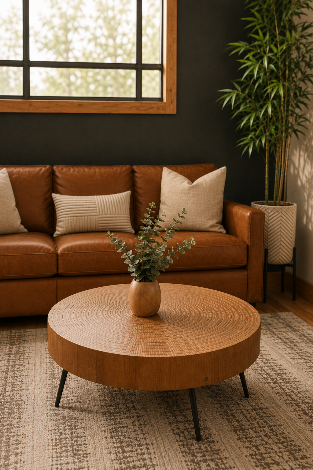 Living room with a brown leather sofa with pillows, a round wooden coffee table with a plant in a brown vase, a potted plant in a decorative planter, window with wooden frame, and a dark accent wall.
