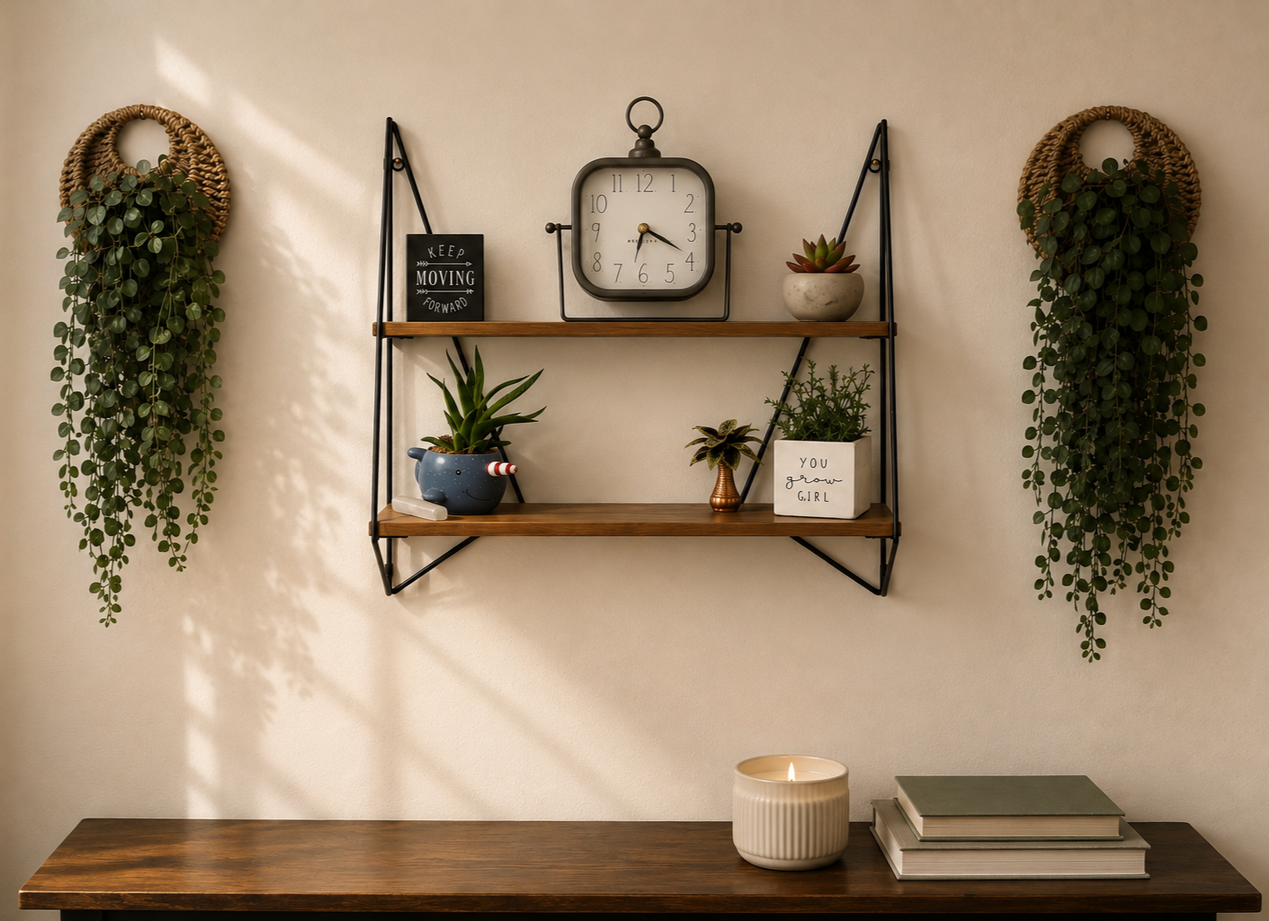 Wall shelf with plants, a clock, and decor, above a wooden table with a lit candle and stacked books.