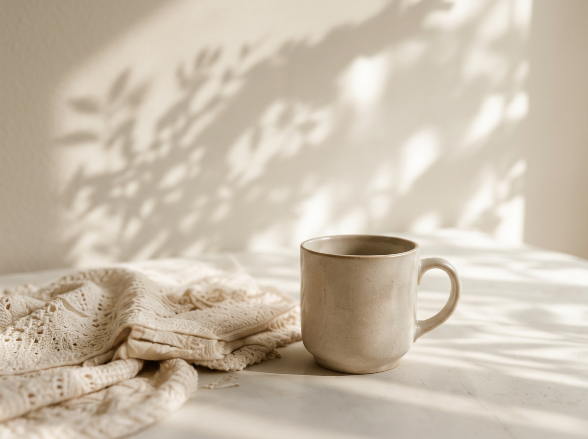 A beige ceramic mug on a white surface with folded beige patterned fabric nearby, sunlight and shadows on the wall behind.