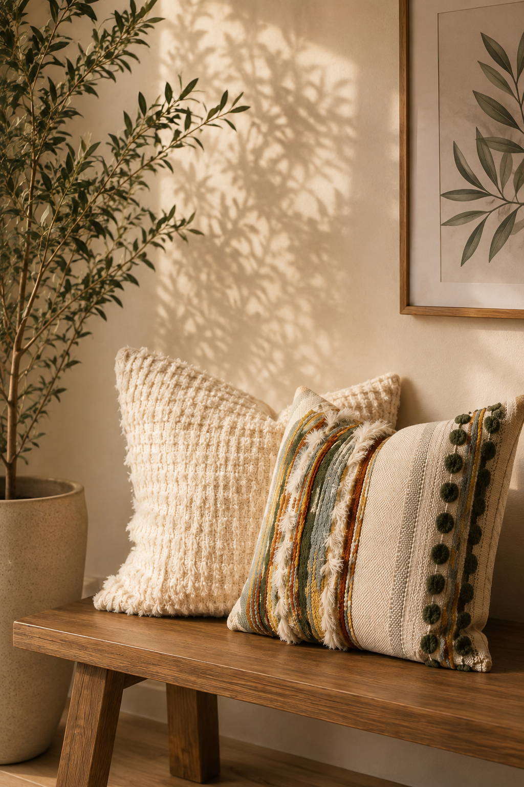 Decorative pillows on a wooden bench next to a potted plant, with shadows cast on the wall and framed botanical artwork.