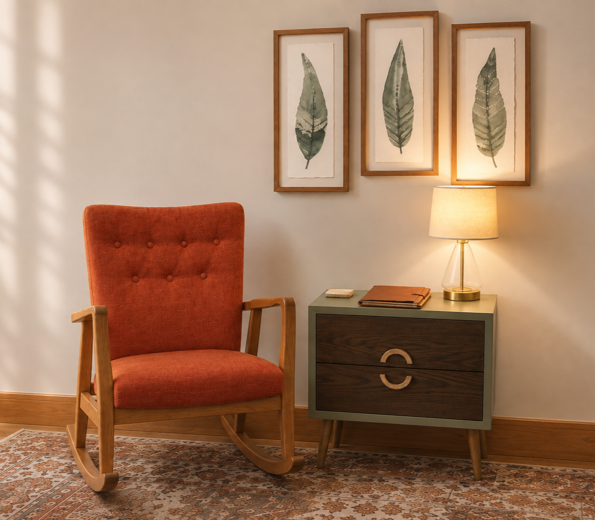 A cozy interior corner featuring a red upholstered rocking chair with a wooden frame, a small green and dark brown side table with a modern design, a table lamp with a beige shade, and three framed leaf prints hanging on the wall above.