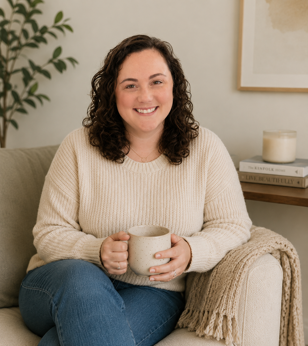 A woman with curly hair sitting on a beige couch, smiling, holding a mug, in a cozy living room with a plant and books in the background.