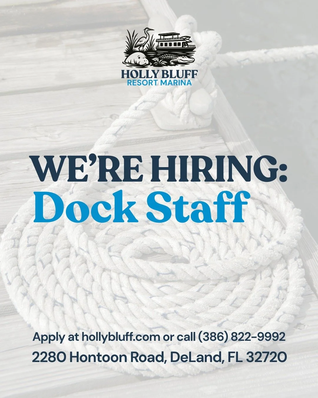 Holly Bluff Resort Marina is looking for a reliable, friendly Dock Staff to join our crew on the St. Johns River. 

Read the full job description here: https://hollybluff.com/job-postings

👉 APPLY in person or email your resume to info@hollybluff.co