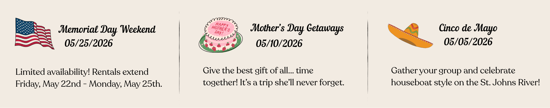 May Vacations at Holly Bluff Resort Marina. Memorial Day weekend vacations. Houseboat rentals for Memorial Day Weekend, Mother's Day, and Cinco De Mayo!