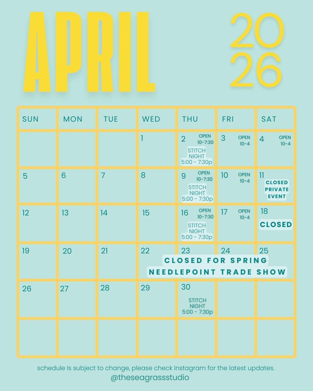 April is full of 'good news' (lots of stitch nights 🙌) and 'bad news' (very few Saturdays 😕)

let's make the best of it and we can't wait to see you in the shop!

xoxo
ecs in your LNS