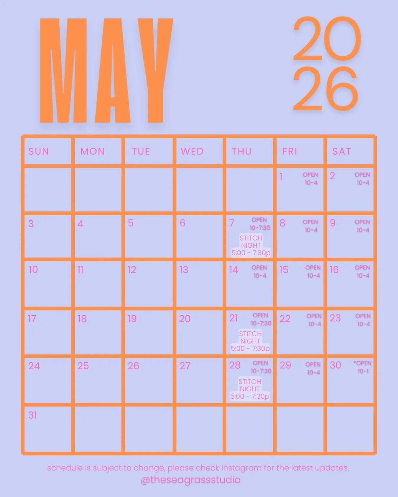 it&rsquo;s gonna be may!

well technically it IS may. new month means a new calendar post. come to all the stitch nights on all the thursdays (except one)

xoxo
ecs in your LNS