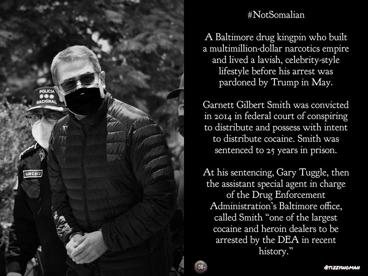 Black and white photo of a man wearing sunglasses and a face mask, standing outdoors with police officers nearby, with a text overlay discussing drug trafficking and arrests.