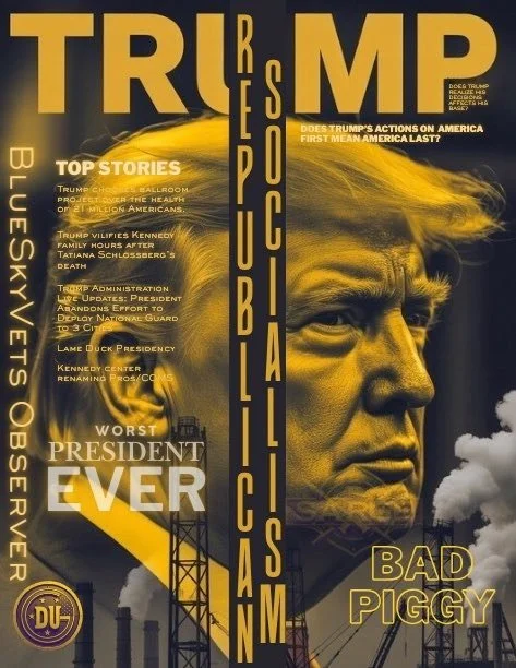 Magazine cover featuring a large profile image of Donald Trump with a serious expression. The cover titles include political and news headlines, with themes of controversy, bold colors of yellow, black, and white, and imagery of an oil rig and smokestacks in the background.