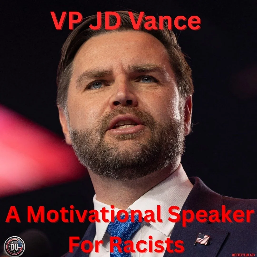 A man with a beard and blue eyes in a suit, with red text above and below. The text says, 'VP JD Vance - A Motivational Speaker For Racists.'