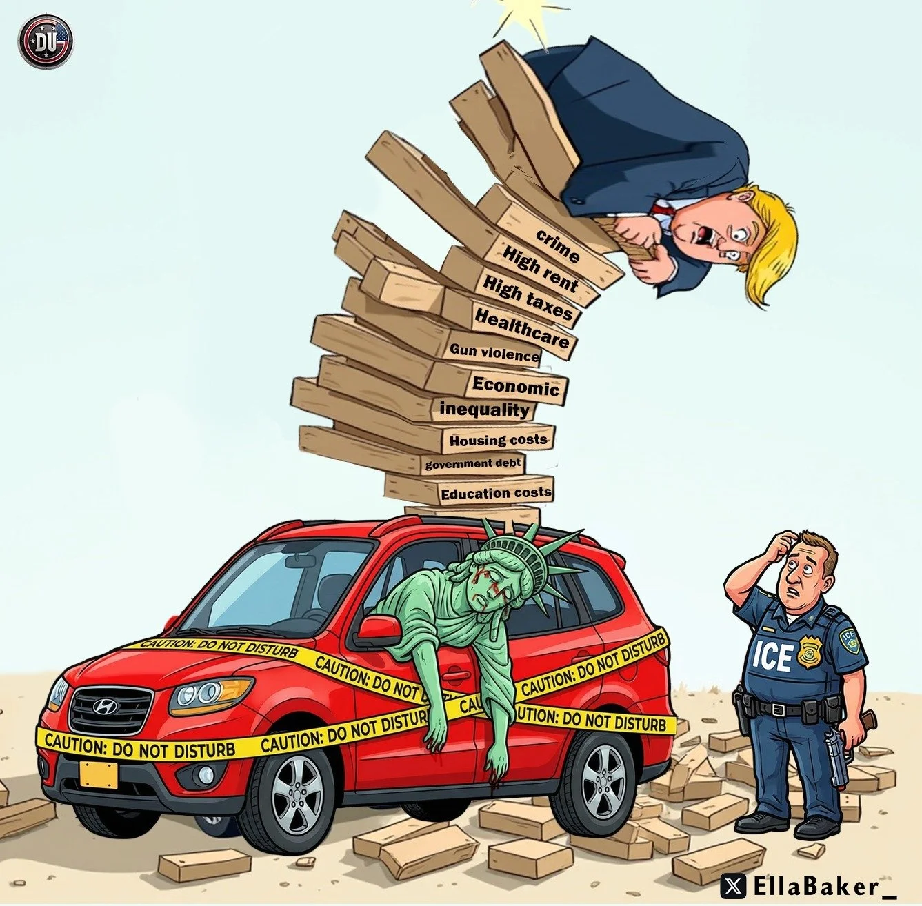 A cartoon illustration of a crashed red car with the Statue of Liberty hanging out the window, covered in caution tape. There is a surprised police officer nearby with a pile of building blocks falling onto the car. A toppled stick tower of wooden blocks with labels such as crime, high rent, taxes, healthcare, gun violence, economic inequality, housing costs, government debt, and education costs is falling. A disheveled person is underneath the car, and a cartoon of Donald Trump is pulling the falling tower.