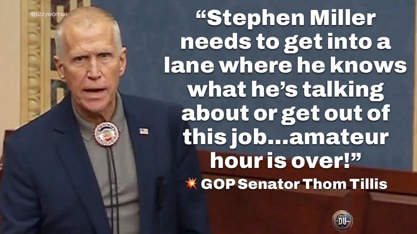 A man in a suit with a pin and badge on his lapel standing in front of a blue background with a quote in large white text next to him. The quote is attributed to GOP Senator Thom Tillis.