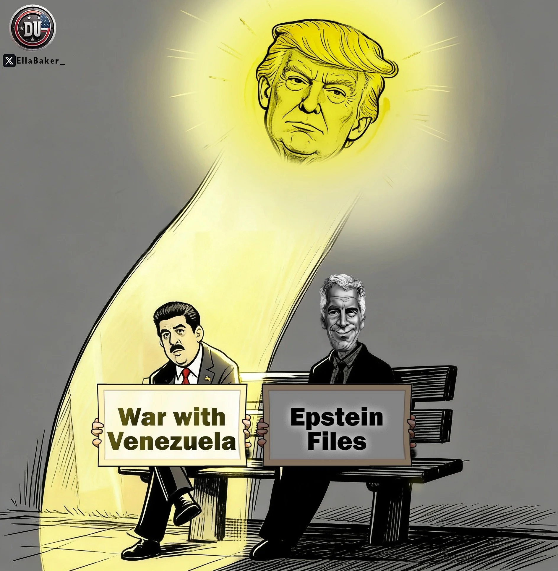 Caricature of two men sitting on a bench holding signs, one sign reads "War with Venezuela" and the other reads "Epstein Files." A bright yellow beam with a caricature of Donald Trump's face radiates outward above them.