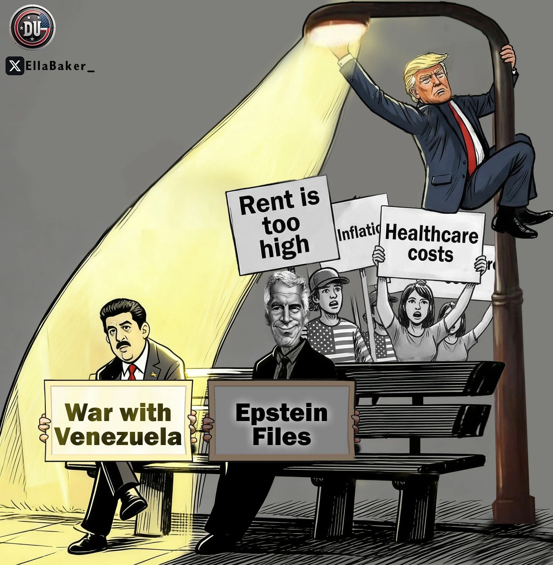 Political cartoon depicting Donald Trump climbing a lamppost with healthcare costs, inflation, and rent high signs, while Joe Biden and protesters hold signs about war with Venezuela and Epstein files, amidst economic issues.
