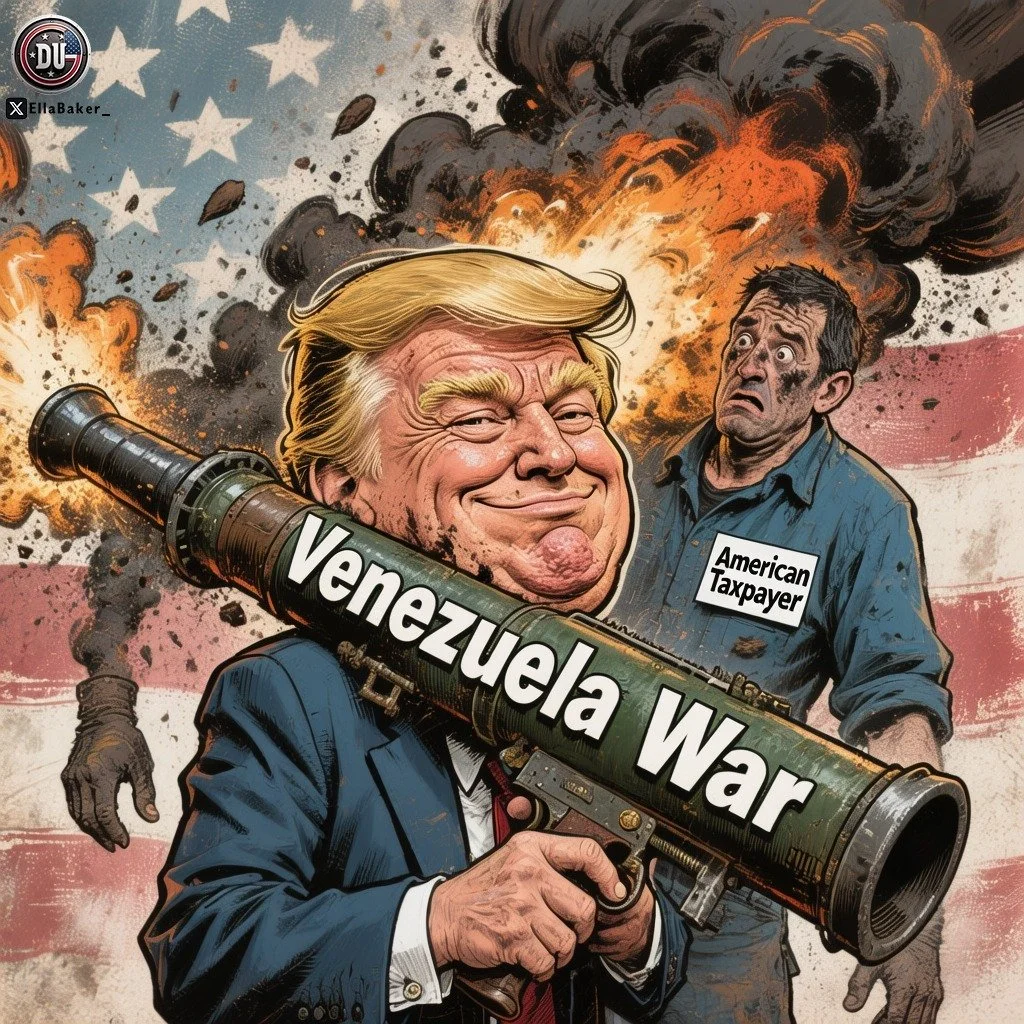 A cartoon illustration of Donald Trump with a mischievous smile holding a large missile labeled 'Venezuela War' aimed at a frightened man labeled 'American Taxpayer' amidst explosions and smoke in the background.